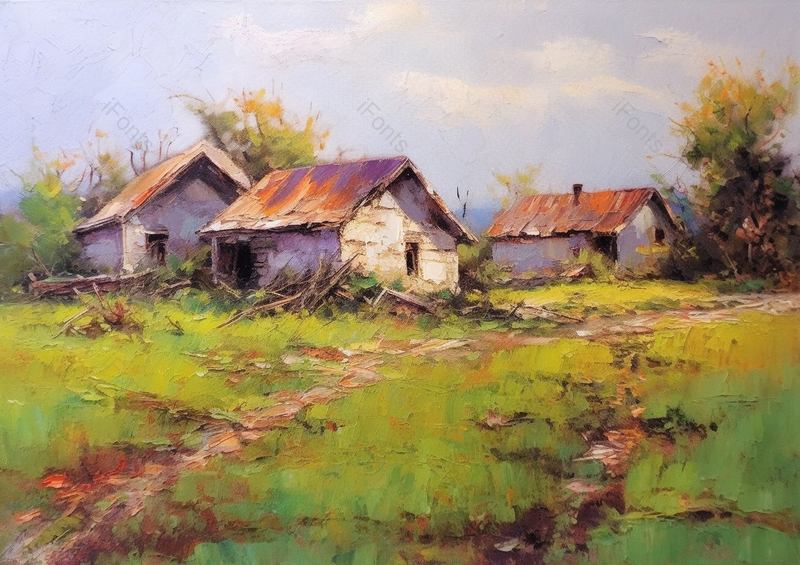 乡村道路上的小木屋油画背景,插画/手绘图,插画/手绘图库,插画/手绘图下载,插画/手绘